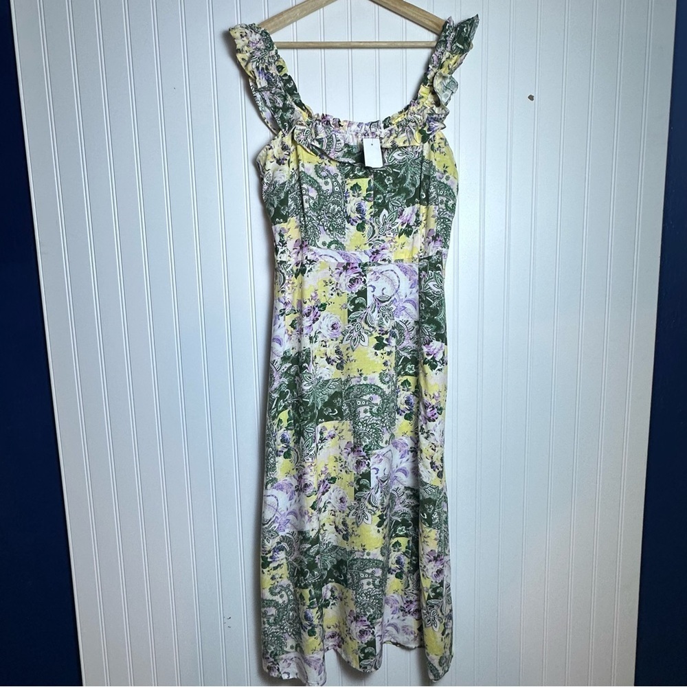 LOFT Patchwork Midi Dress Floral Sleeveless with Ruffle Detail sleeveless SZ 10 - Picture 2 of 10